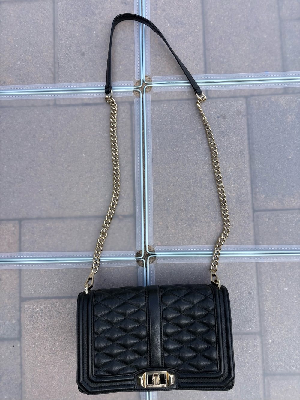 Rebecca Minkoff Crossbody Bag Black Quilted Leather Gold Chain Shoulder Purse